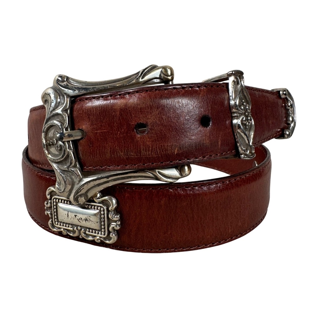 Fossil Womens Brown Leather Western Belt Silver Ornate Concho Buckle Size L